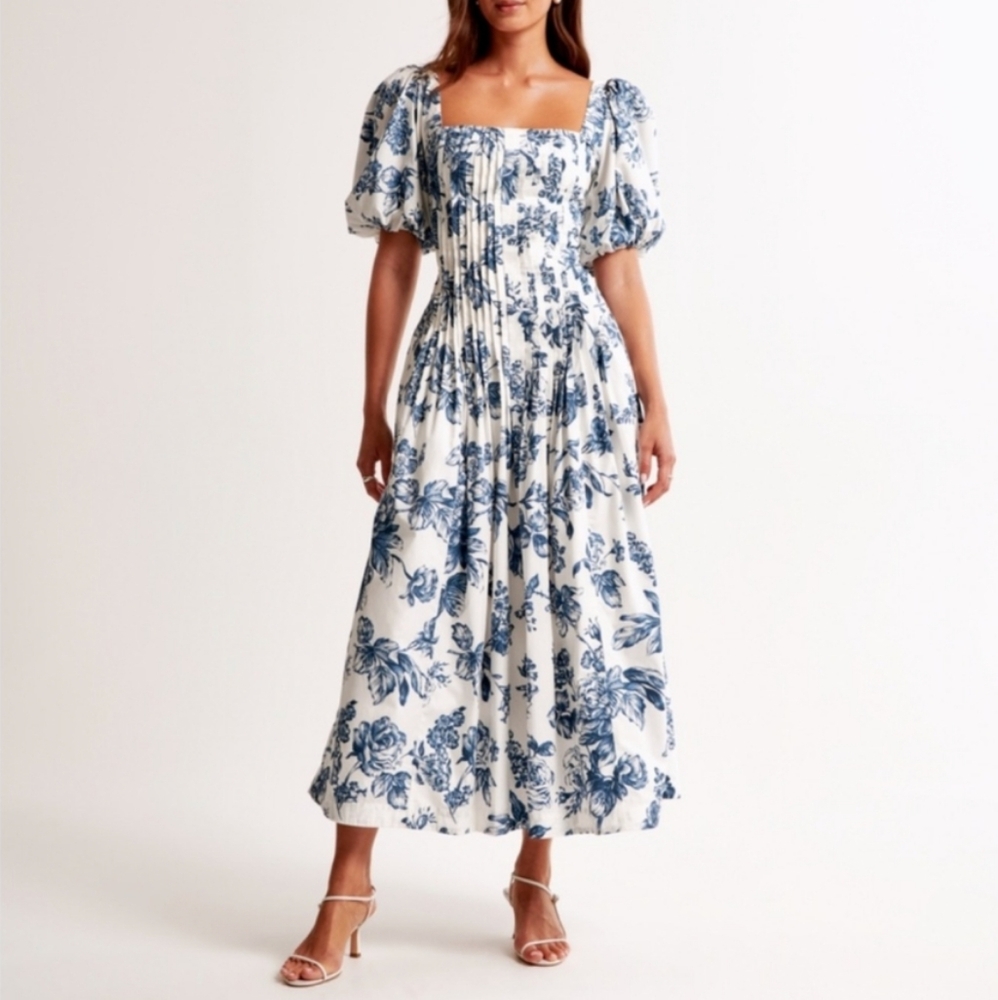 NWT Abercrombie & Fitch Puff Sleeve Pleat Release Midi Dress in Blue Floral, XLT
